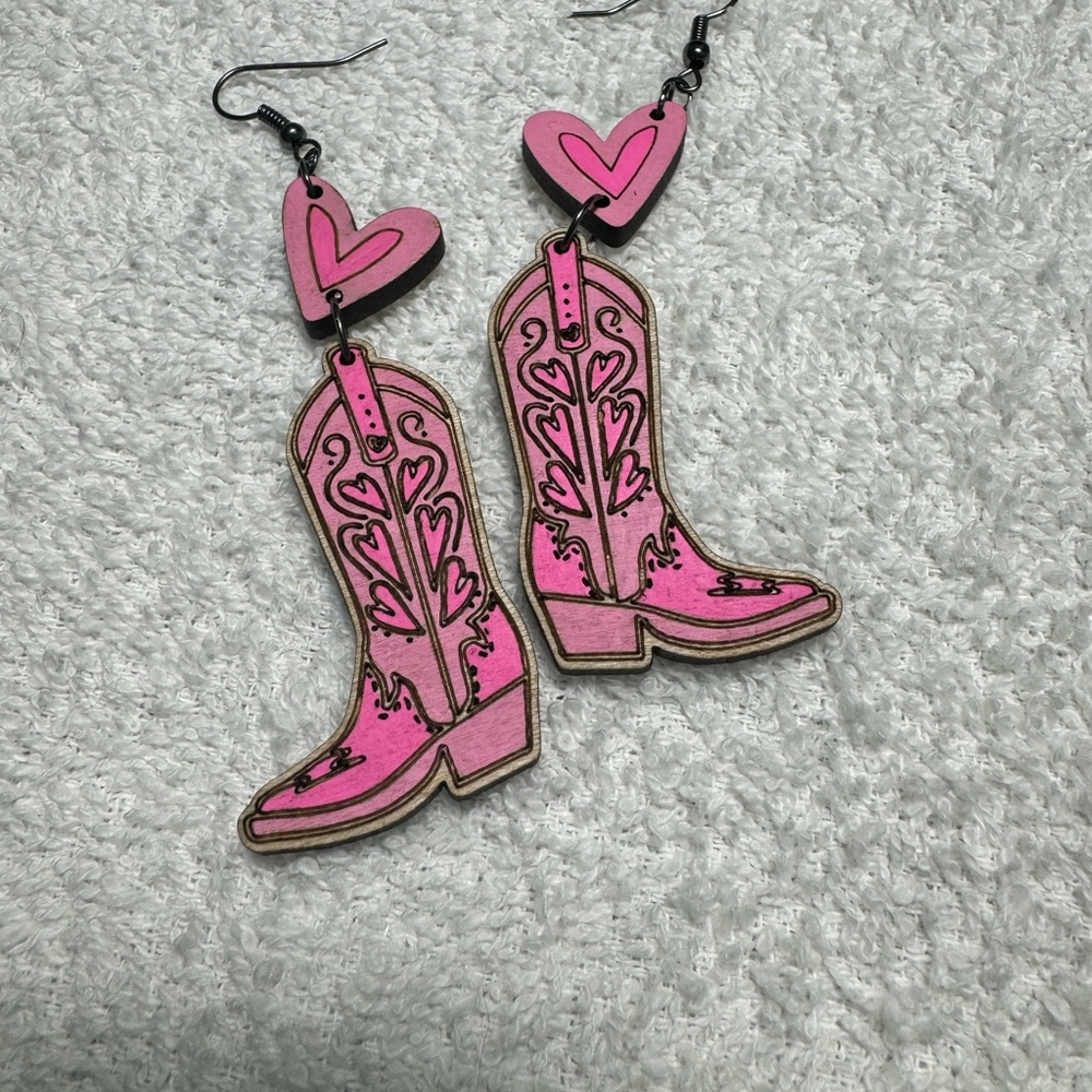 Cute wooden earrings Pink Cowboy boots. New